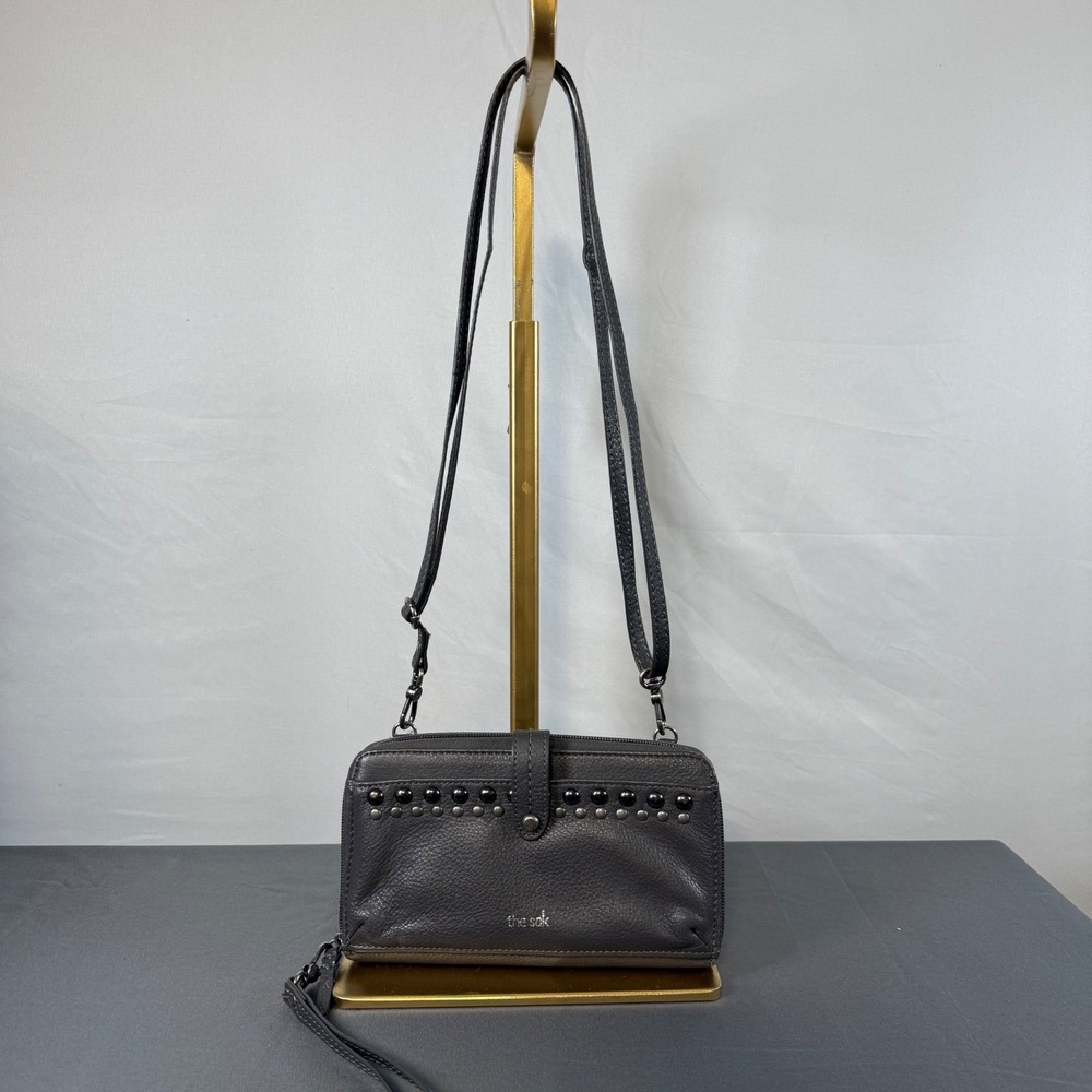 The Sak Iris Gray Leather Studded Smartphone Wristlet Wallet Crossbody - Picture 2 of 9